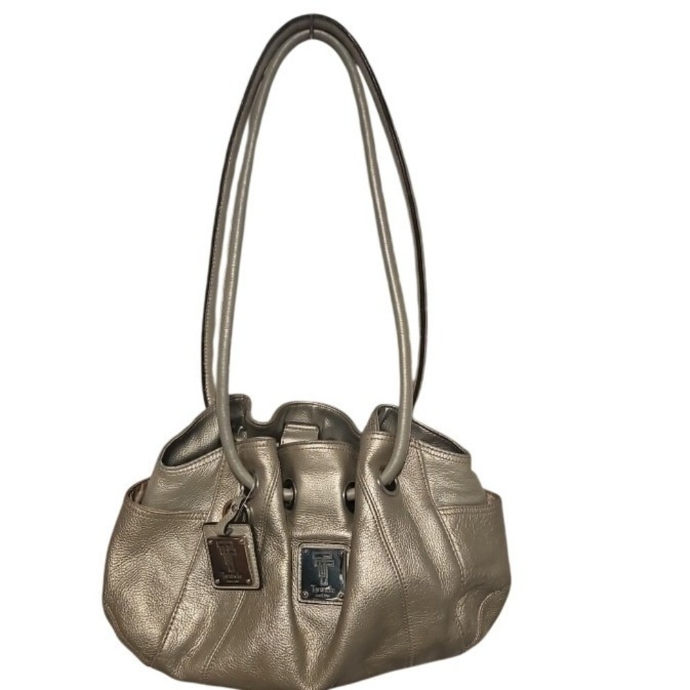 Tignanello Metallic Silver Pebbled Leather Shoulder Bag Hobo Purse Medium EUC